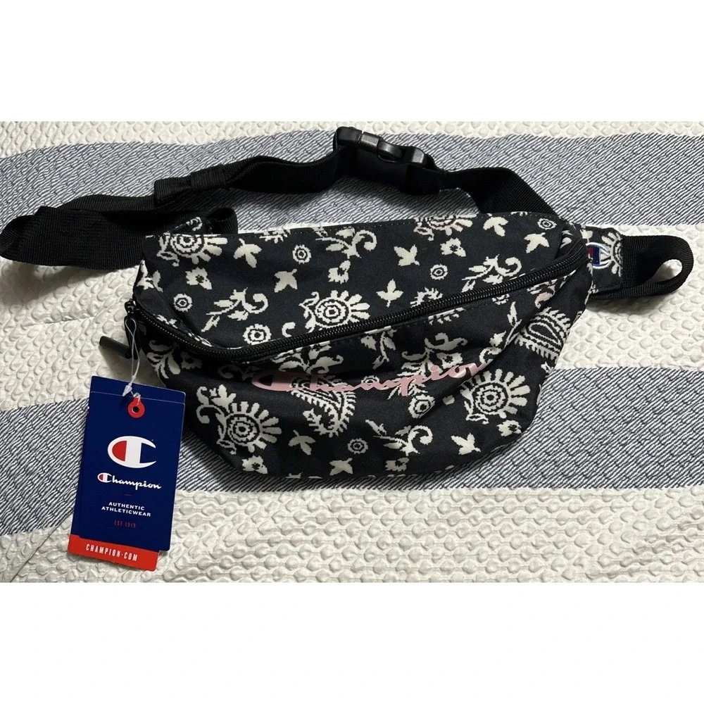 CHAMPION AVERY WAIST Fanny PACK‎ 'Handkerchief' Black/White Pattern Pink Logo